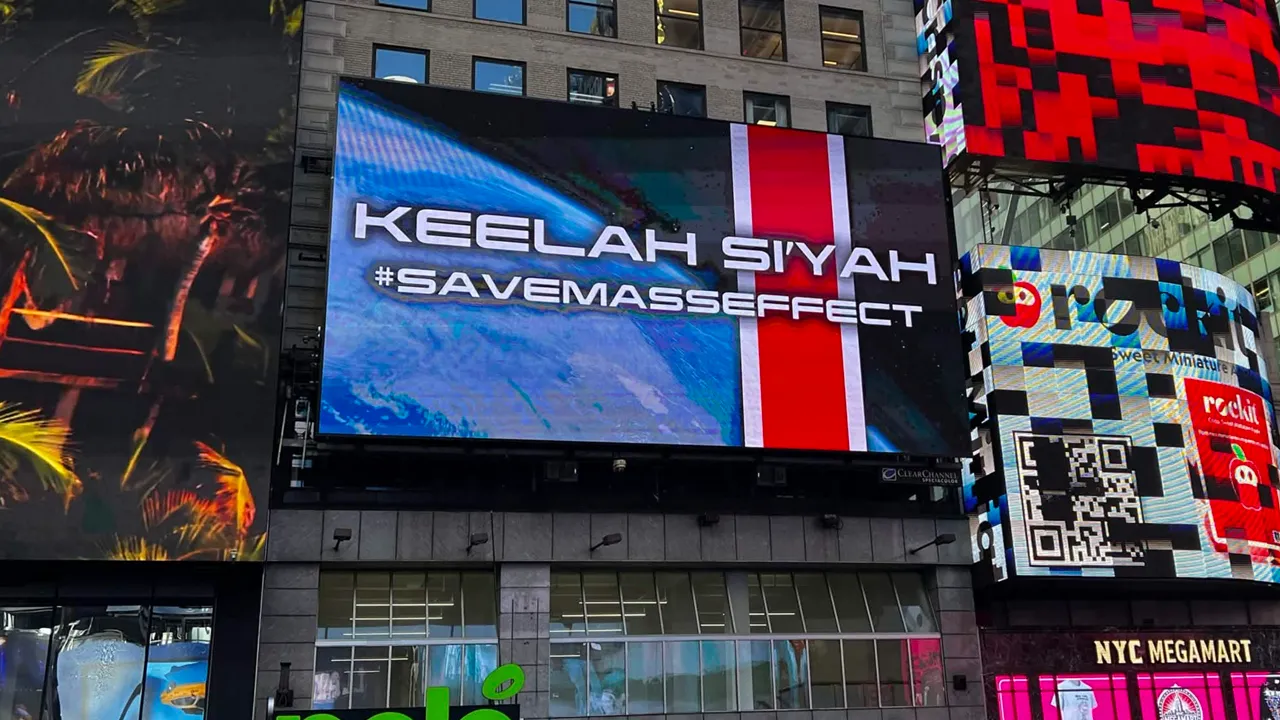 Imagem: Fãs de Mass Effect compram outdoor #SaveMassEffect na Times Square e têm planos para mais
